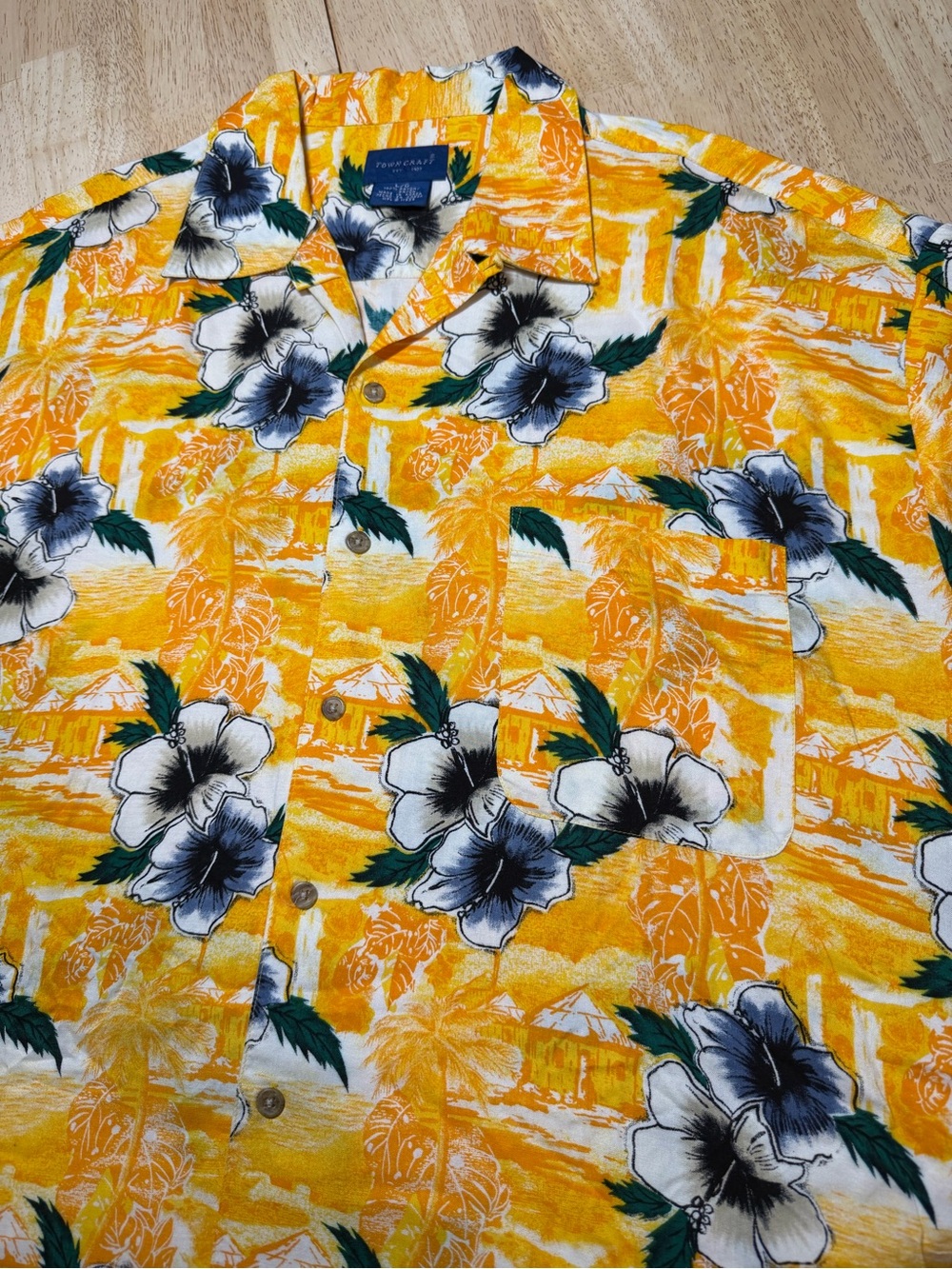 Town Craft Hawaiian Shirt Floral Rayon Orange White Vacation Loop Collar Mens L